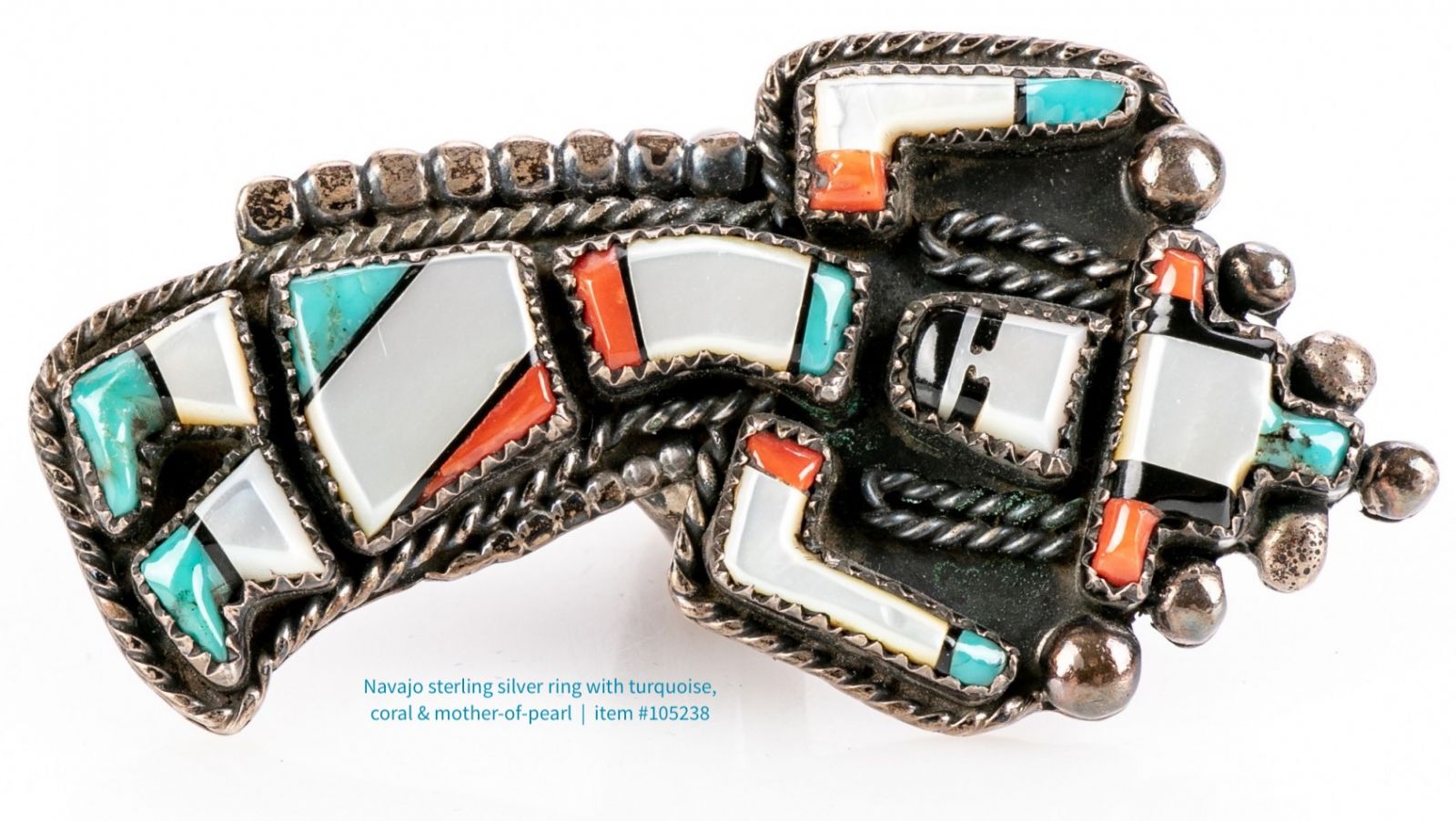 Use of natural materials including turquoise, coral, and mother-of-pearl are indicative of Native American jewelry style